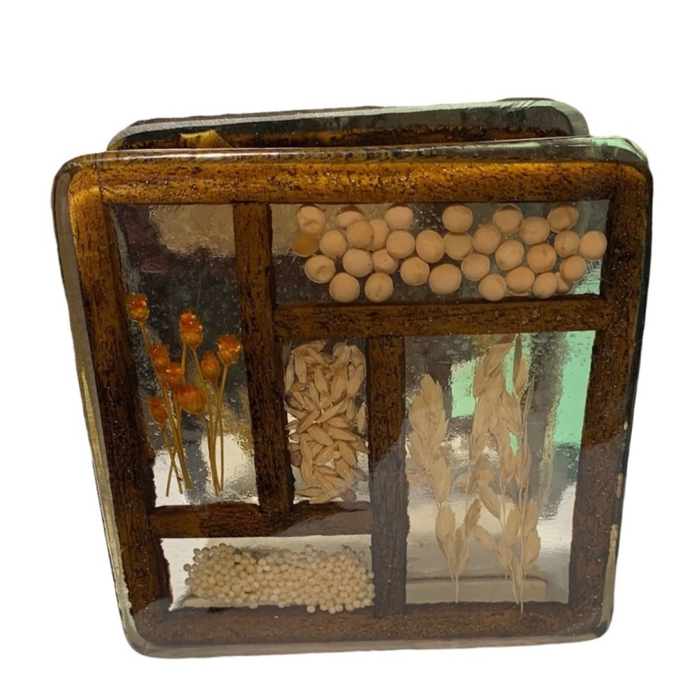 Vintage COLORFLO Lucite Acrylic Napkin Holder Pressed Flowers Rice Seeds Wheat